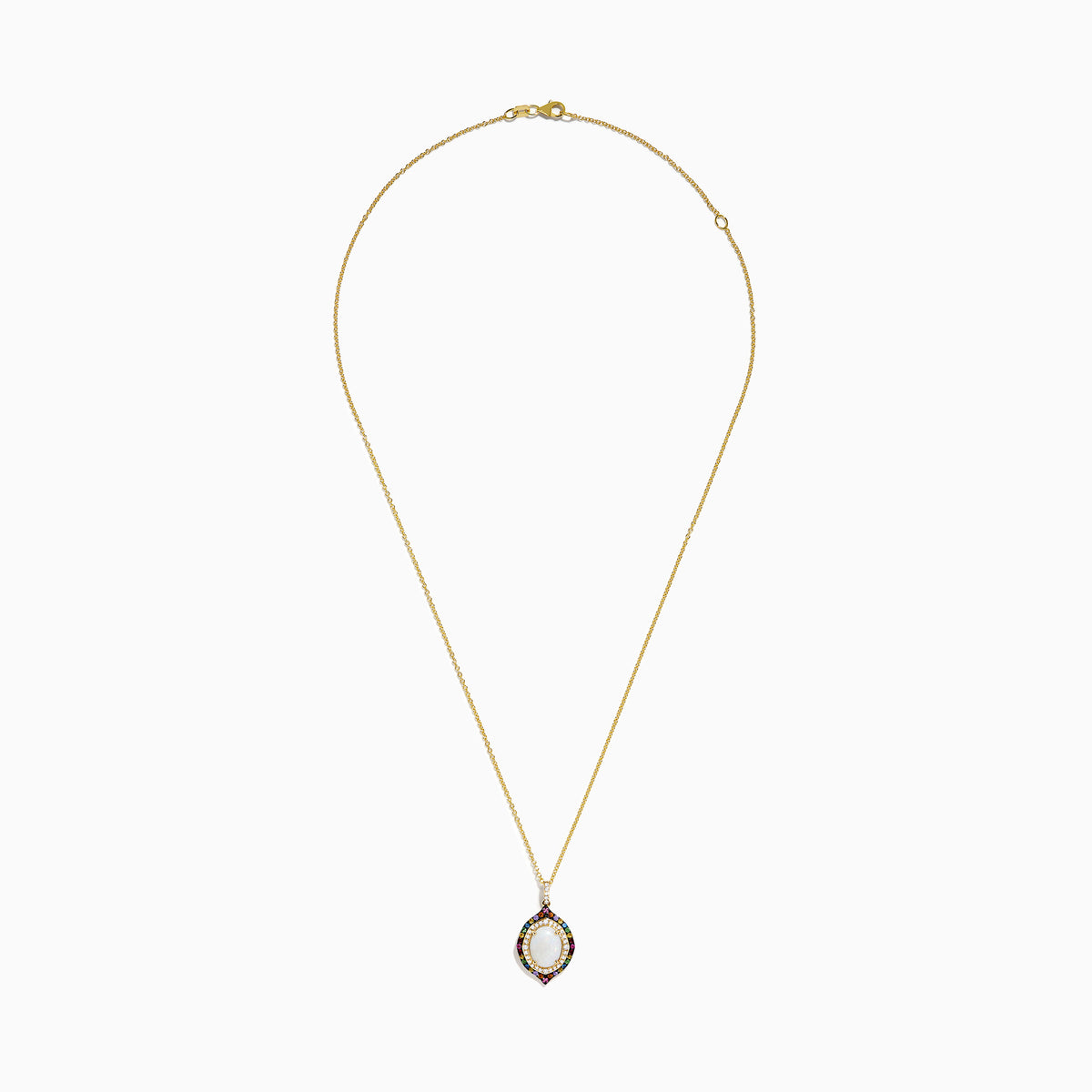 The Aurora 14K Yellow Gold Pendant features an ornate oval opal center, accented by diamonds and multi color sapphires in a decorative pattern on a gold chain necklace.