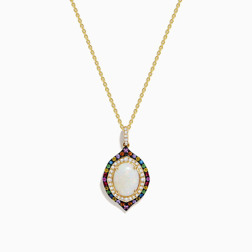 The Aurora 14K Yellow Gold Pendant features an ornate oval opal center, accented by diamonds and multi color sapphires in a decorative pattern on a gold chain necklace.