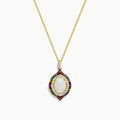 The Aurora 14K Yellow Gold Pendant features an ornate oval opal center, accented by diamonds and multi color sapphires in a decorative pattern on a gold chain necklace.