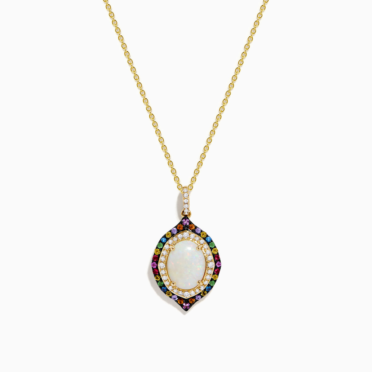 The Aurora 14K Yellow Gold Pendant features an ornate oval opal center, accented by diamonds and multi color sapphires in a decorative pattern on a gold chain necklace.
