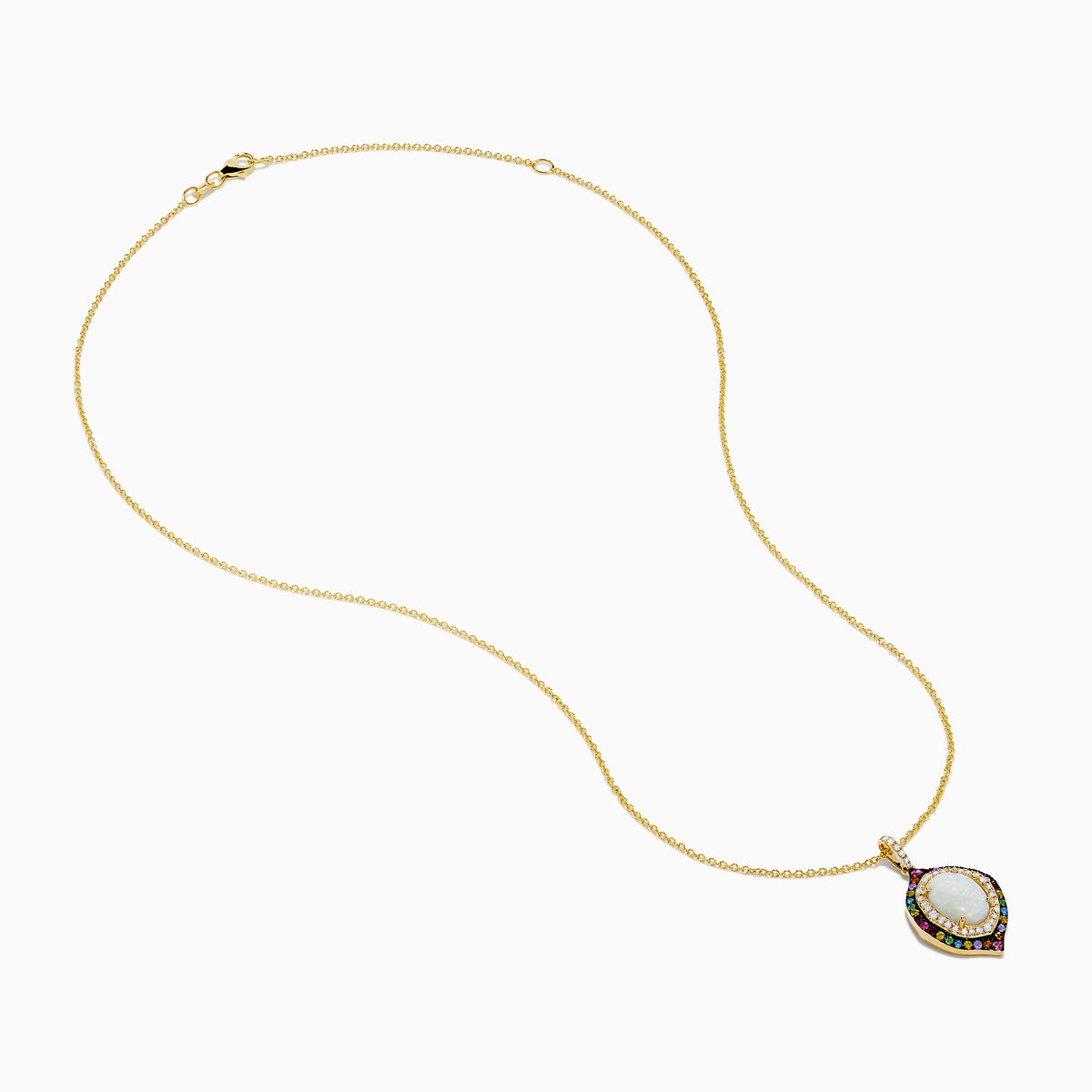 The Aurora 14K Yellow Gold Pendant features an ornate oval opal center, accented by diamonds and multi color sapphires in a decorative pattern on a gold chain necklace.