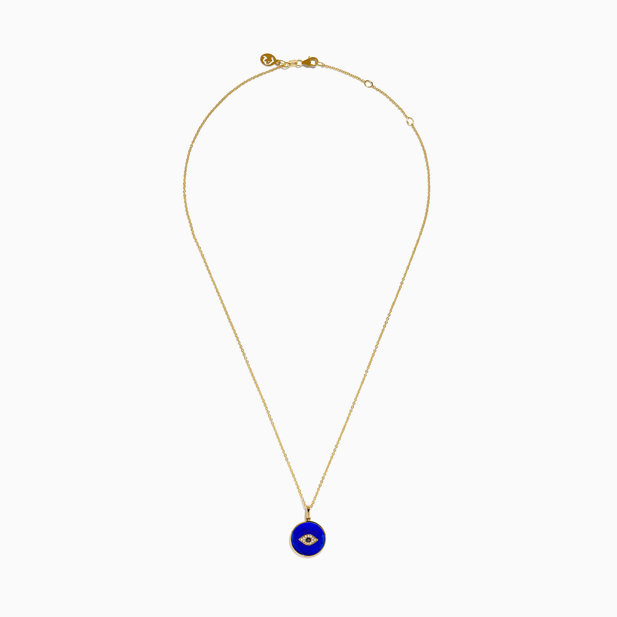 14K Yellow Gold Lapis and Diamond Evil Eye Disc Pendant features a gold chain and round pendant with a central evil eye design crafted from lapis and diamonds, set against a white background.