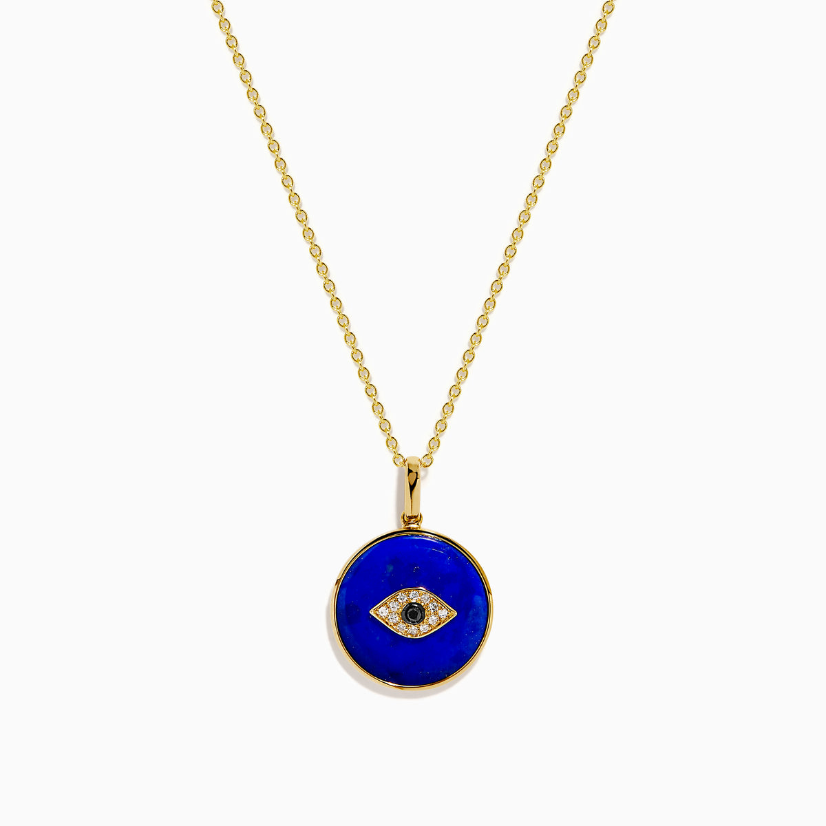 14K Yellow Gold Lapis and Diamond Evil Eye Disc Pendant features a gold chain and round pendant with a central evil eye design crafted from lapis and diamonds, set against a white background.