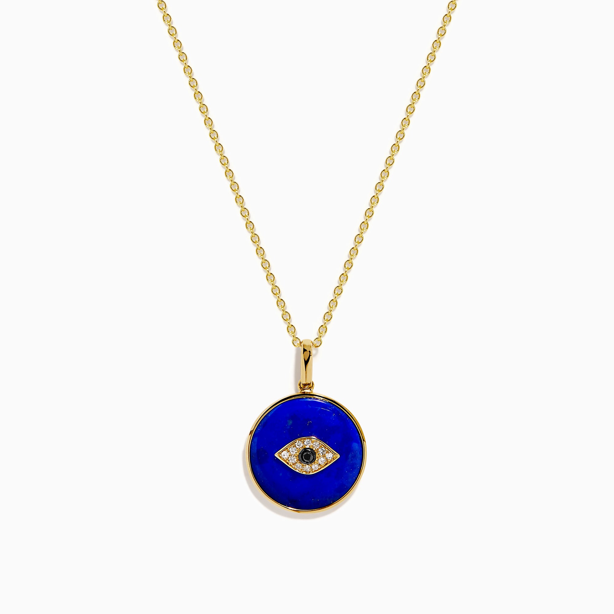 14K Yellow Gold Lapis and Diamond Evil Eye Disc Pendant features a gold chain and round pendant with a central evil eye design crafted from lapis and diamonds, set against a white background.