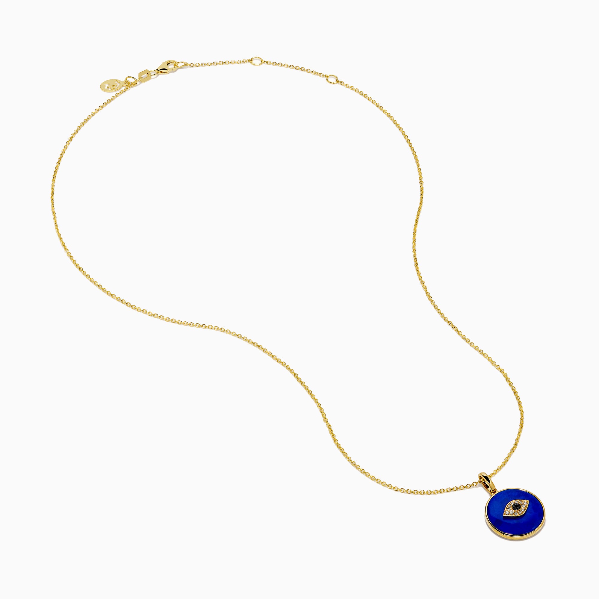 14K Yellow Gold Lapis and Diamond Evil Eye Disc Pendant features a gold chain and round pendant with a central evil eye design crafted from lapis and diamonds, set against a white background.