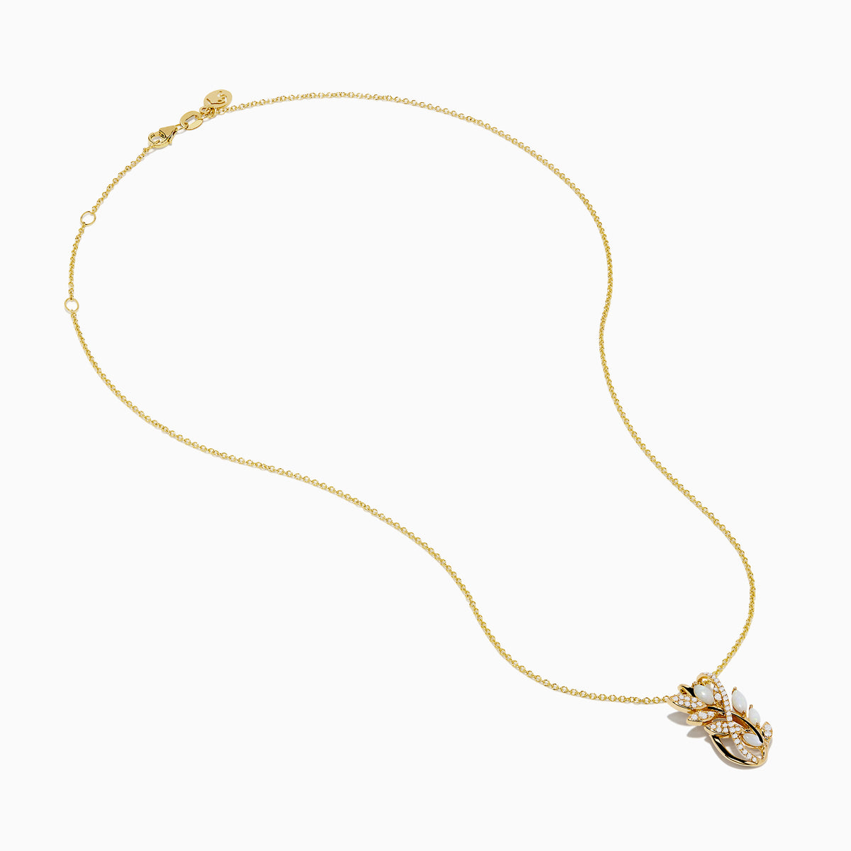 Aurora 14K Yellow Gold Opal and Diamond Leaf Pendant, adorned with sparkling gems and opal accents, showcased on a plain white background.