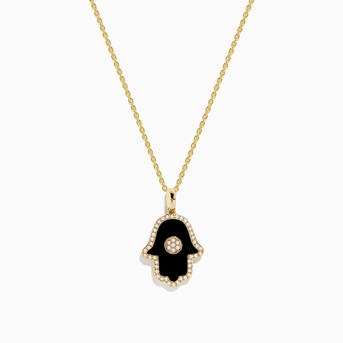 The Novelty 14K Yellow Gold Onyx and Diamond Hamsa Pendant features a black onyx hamsa hand accented with diamonds in a circular center design, shown on a yellow gold chain necklace against a white background.