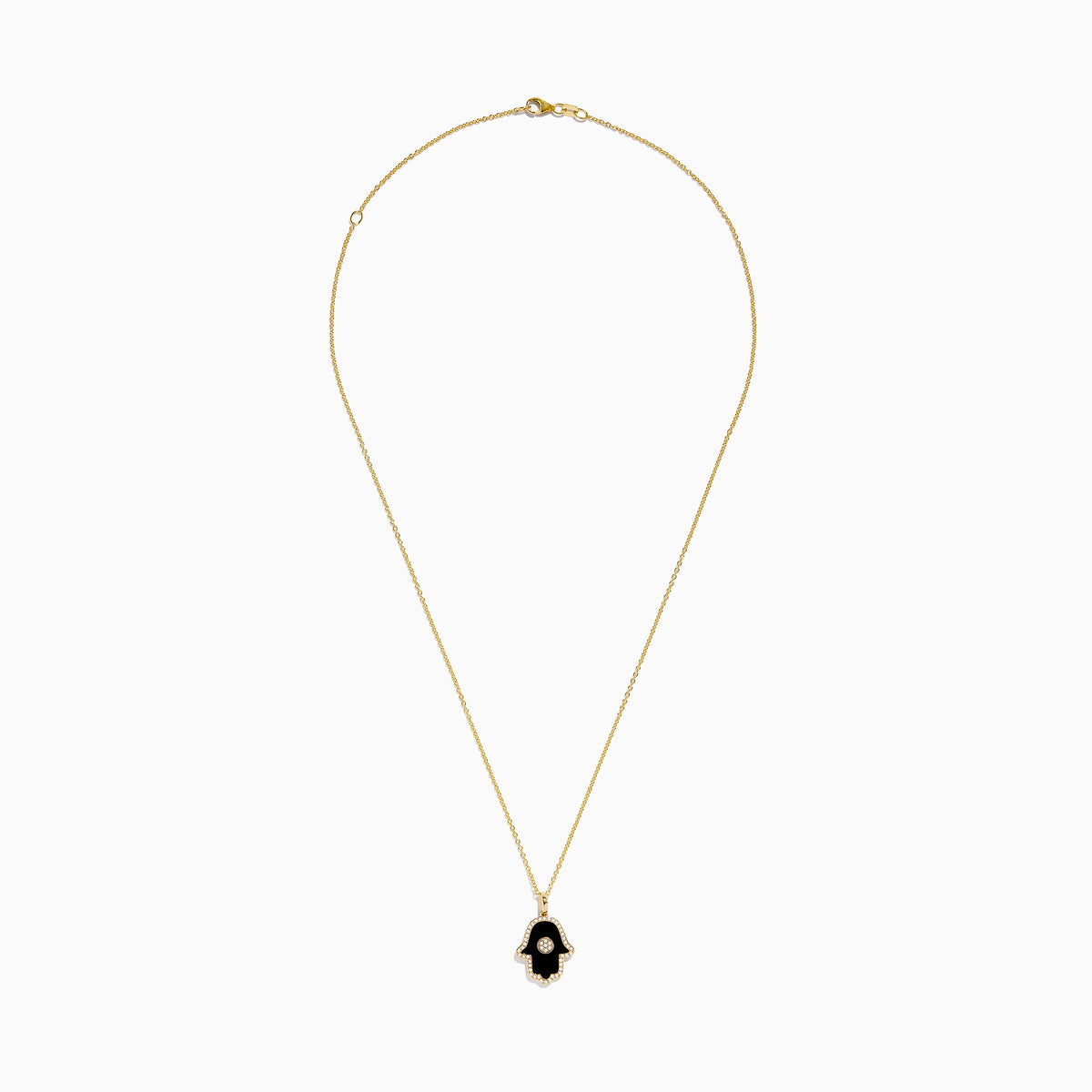 The Novelty 14K Yellow Gold Onyx and Diamond Hamsa Pendant features a black onyx hamsa hand accented with diamonds in a circular center design, shown on a yellow gold chain necklace against a white background.