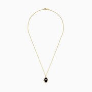The Novelty 14K Yellow Gold Onyx and Diamond Hamsa Pendant features a black onyx hamsa hand accented with diamonds in a circular center design, shown on a yellow gold chain necklace against a white background.
