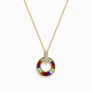 The Mosaic 14K Yellow Gold Multi Gemstone and Diamond Pendant features vibrant gems encircling the ring and sparkling diamonds on the bail, showcased against a white background.
