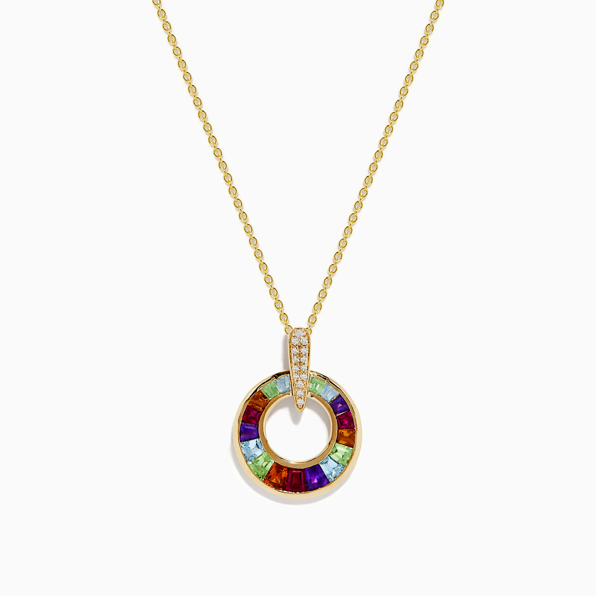 The Mosaic 14K Yellow Gold Multi Gemstone and Diamond Pendant features vibrant gems encircling the ring and sparkling diamonds on the bail, showcased against a white background.