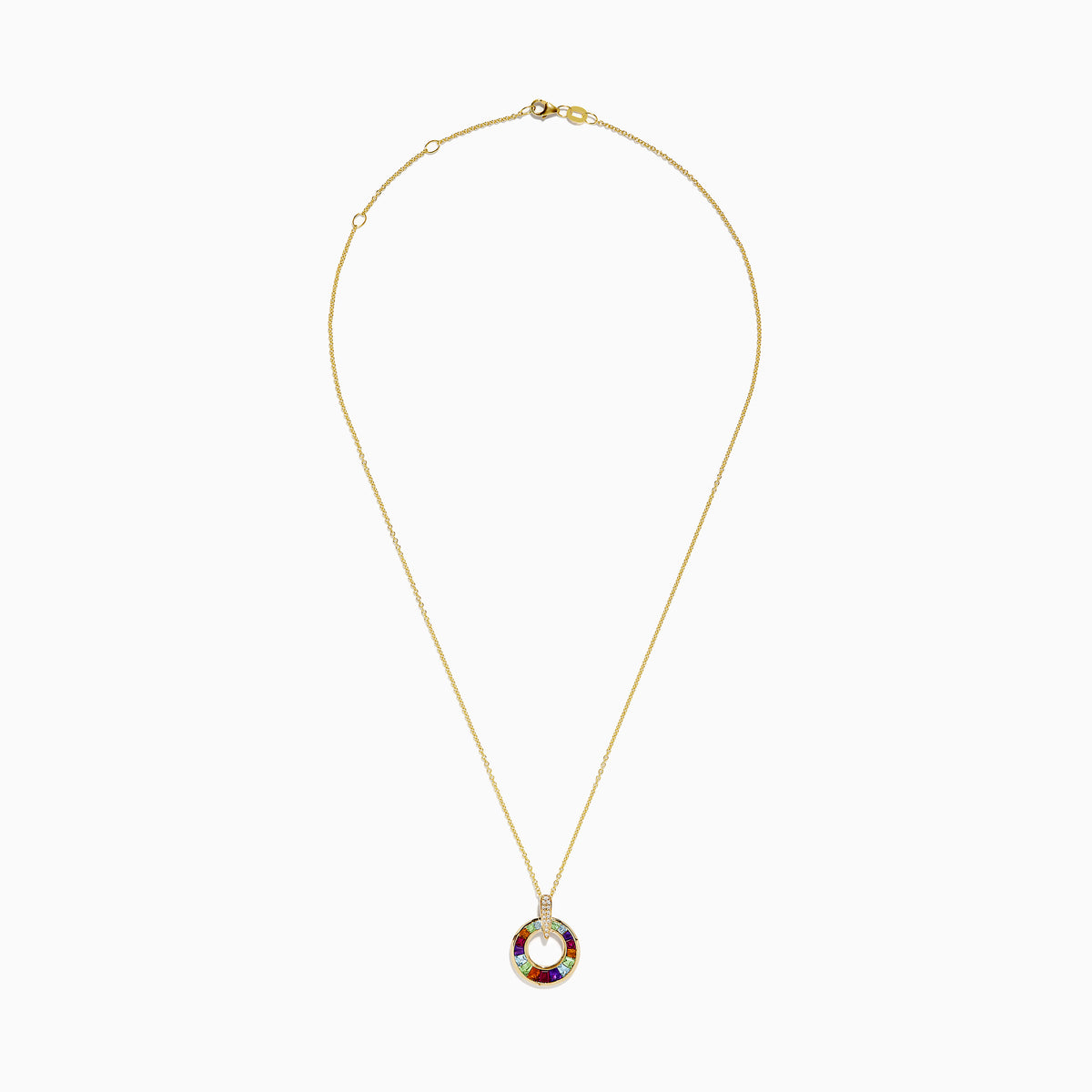 The Mosaic 14K Yellow Gold Multi Gemstone and Diamond Pendant features vibrant gems encircling the ring and sparkling diamonds on the bail, showcased against a white background.