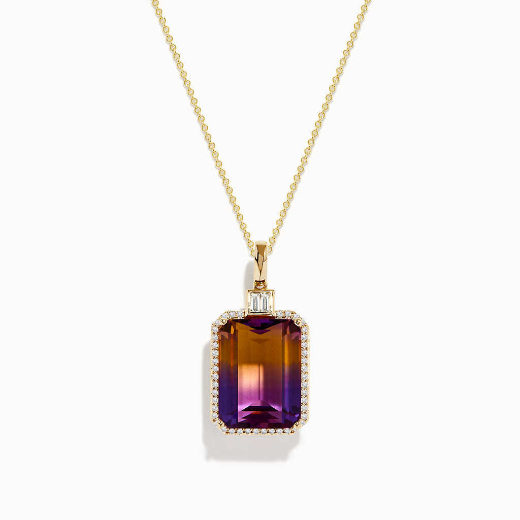 The 14K Yellow Gold Ametrine and Diamond Pendant features an emerald-cut ametrine shifting from purple to orange, accented by sparkling diamonds and showcased on a white background.