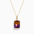 The 14K Yellow Gold Ametrine and Diamond Pendant features an emerald-cut ametrine shifting from purple to orange, accented by sparkling diamonds and showcased on a white background.