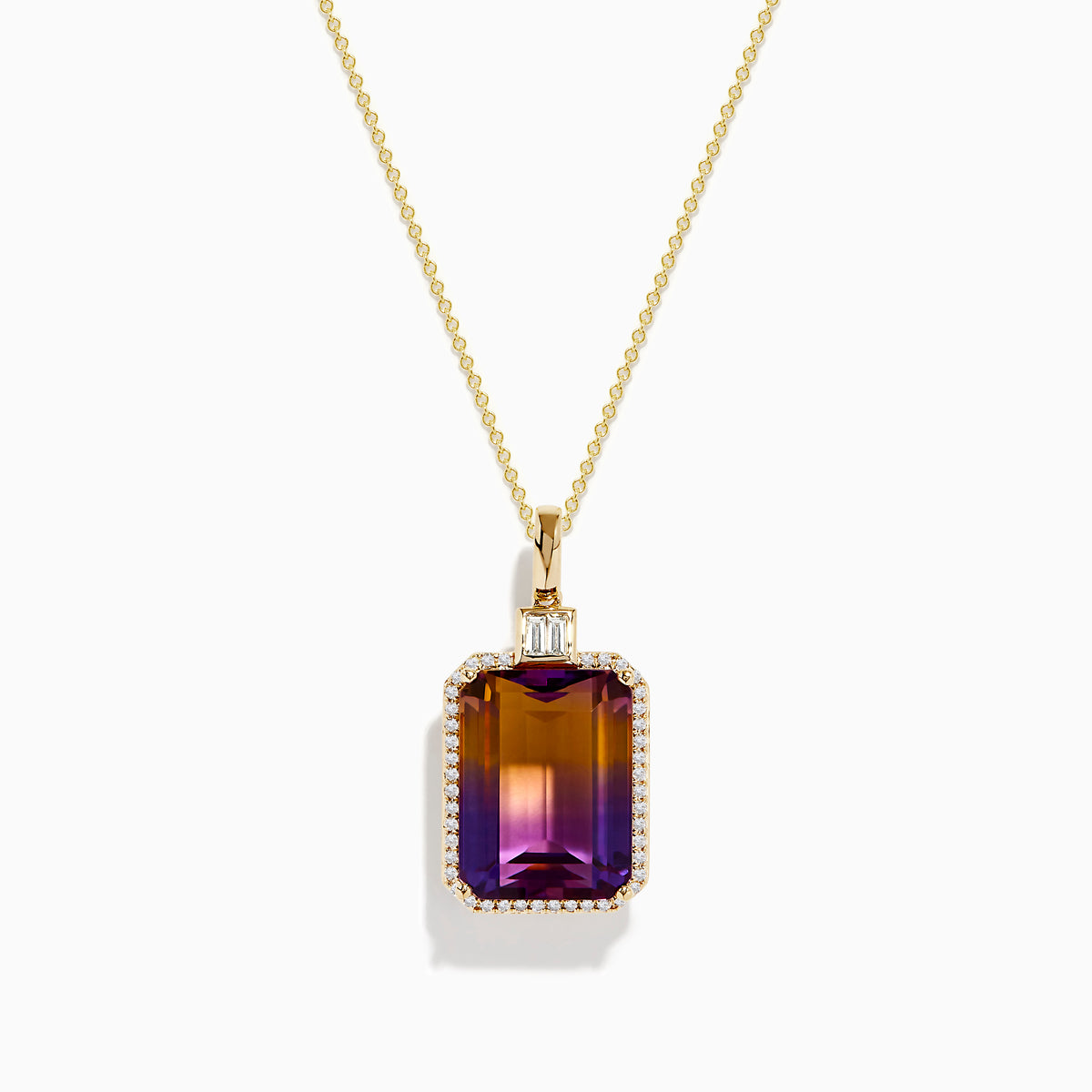 The 14K Yellow Gold Ametrine and Diamond Pendant features an emerald-cut ametrine shifting from purple to orange, accented by sparkling diamonds and showcased on a white background.