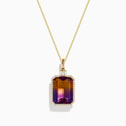 The 14K Yellow Gold Ametrine and Diamond Pendant features an emerald-cut ametrine shifting from purple to orange, accented by sparkling diamonds and showcased on a white background.