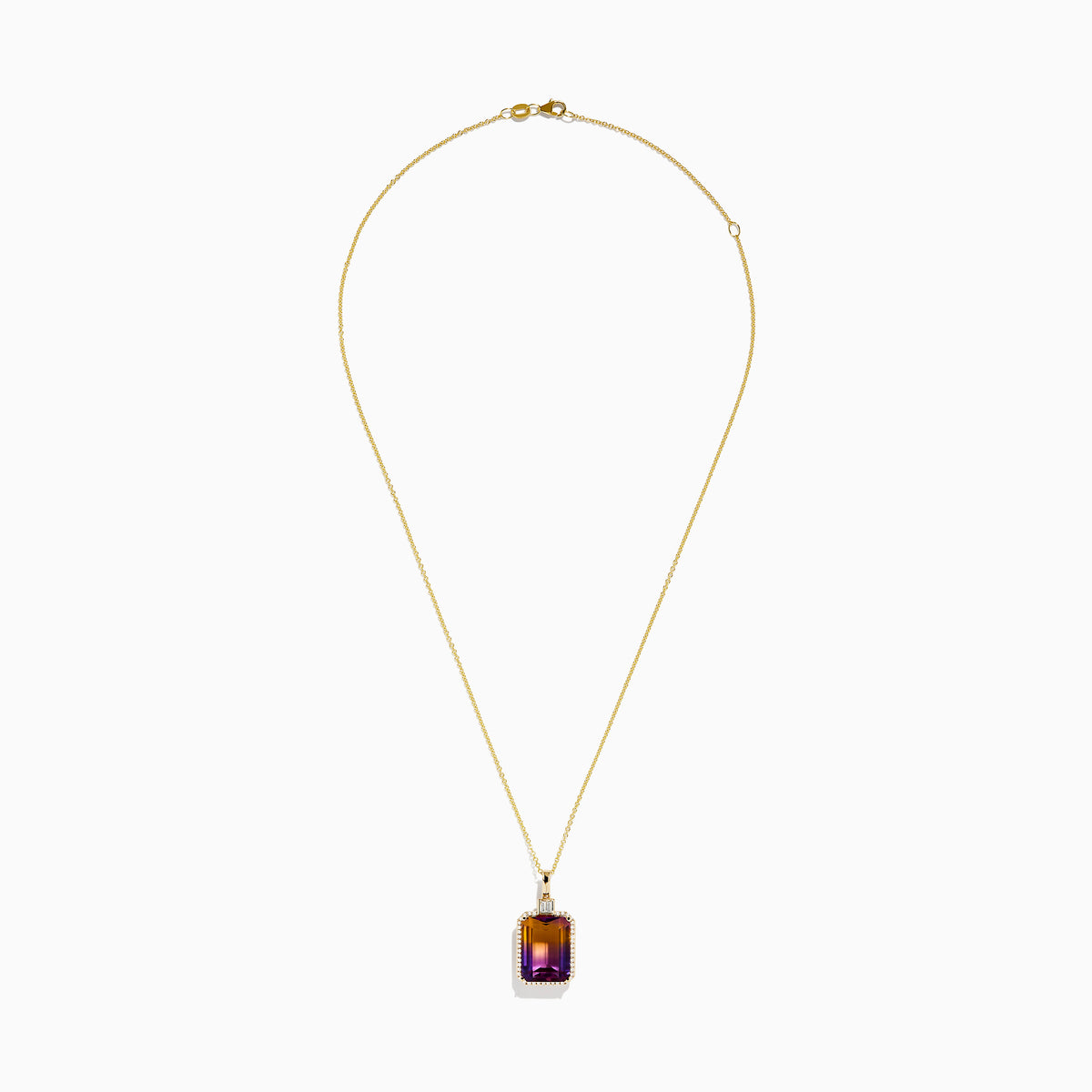 The 14K Yellow Gold Ametrine and Diamond Pendant features an emerald-cut ametrine shifting from purple to orange, accented by sparkling diamonds and showcased on a white background.