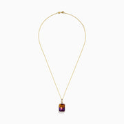The 14K Yellow Gold Ametrine and Diamond Pendant features an emerald-cut ametrine shifting from purple to orange, accented by sparkling diamonds and showcased on a white background.