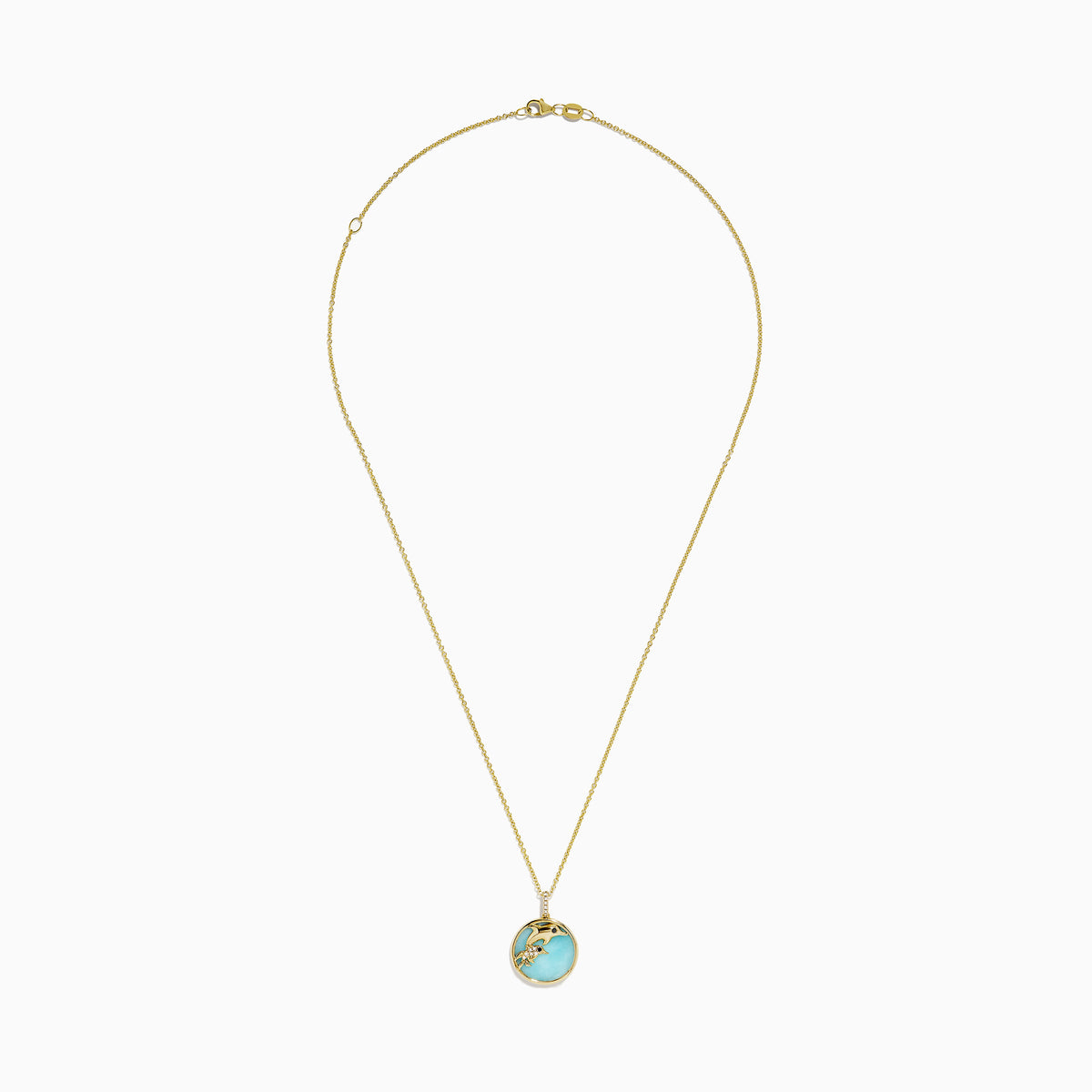 The Seaside 14K Gold Amazonite and Diamond Dolphins Pendant features a round amazonite with diamond accents and dolphin motifs on a delicate gold chain, displayed against a white background.