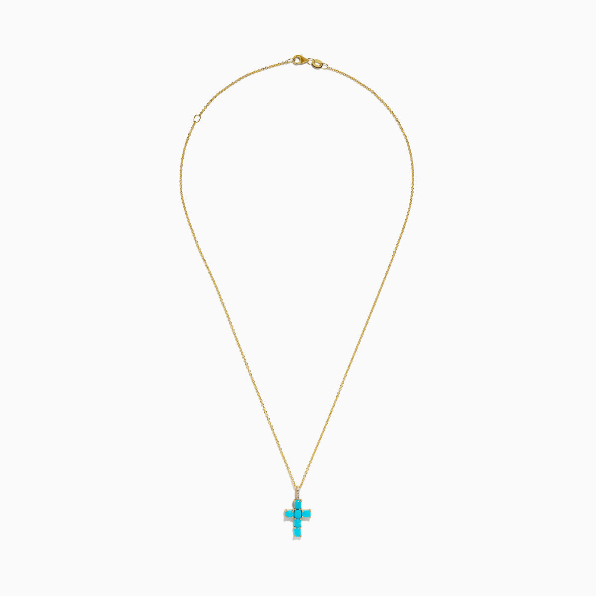 The 14K Yellow Gold Turquoise and Diamond Cross Pendant features a turquoise cross accented with sparkling diamonds for an elegant touch.