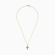 The 14K Yellow Gold Turquoise and Diamond Cross Pendant features a turquoise cross accented with sparkling diamonds for an elegant touch.