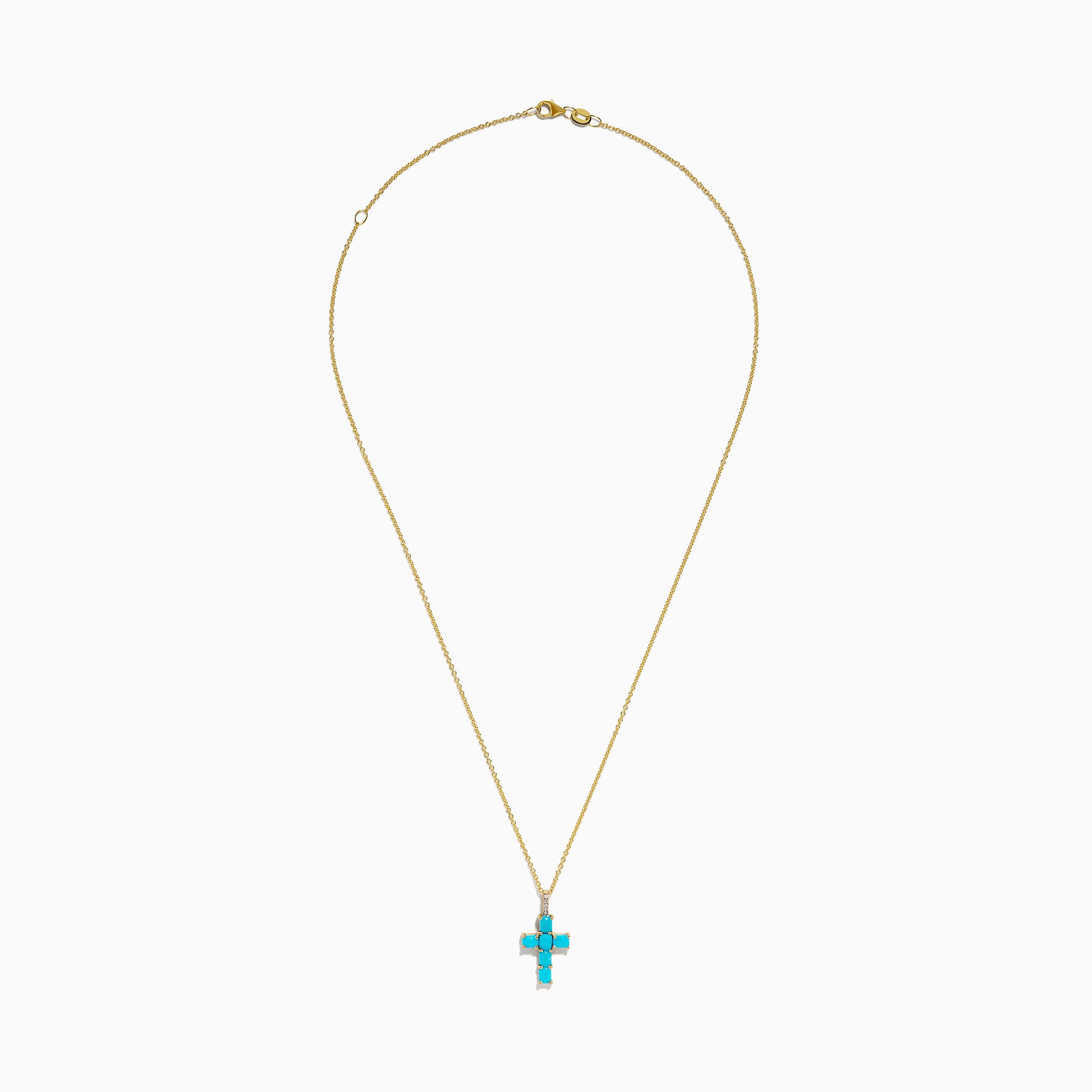 The 14K Yellow Gold Turquoise and Diamond Cross Pendant features a turquoise cross accented with sparkling diamonds for an elegant touch.