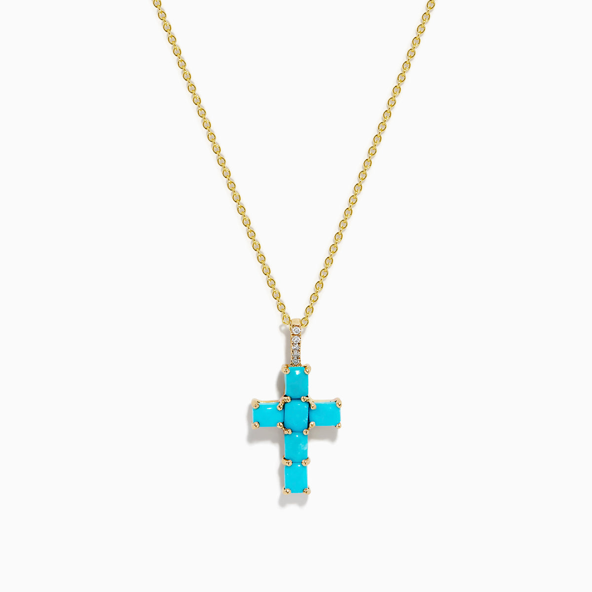 The 14K Yellow Gold Turquoise and Diamond Cross Pendant features a turquoise cross accented with sparkling diamonds for an elegant touch.