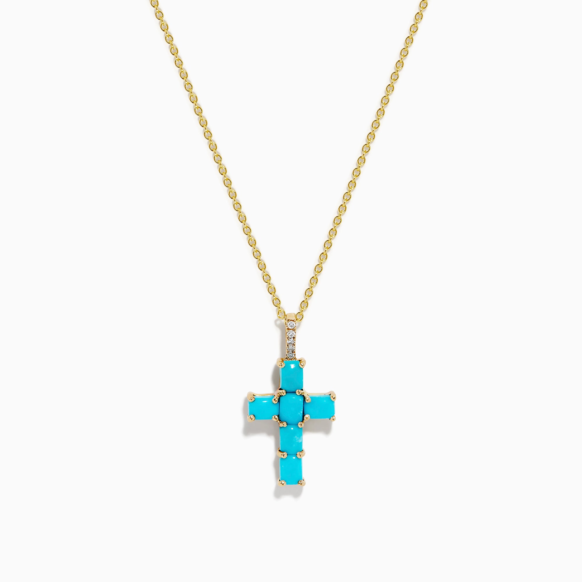The 14K Yellow Gold Turquoise and Diamond Cross Pendant features a turquoise cross accented with sparkling diamonds for an elegant touch.