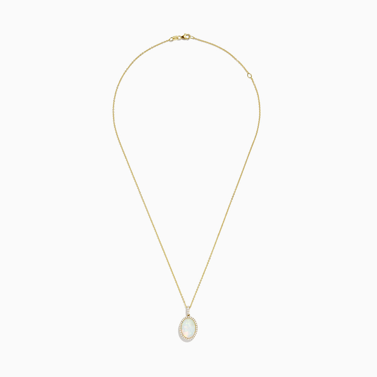 The 14K Yellow Gold Opal and Diamond Pendant features a delicate yellow gold chain with an oval opal center, accented by a halo of sparkling diamonds.