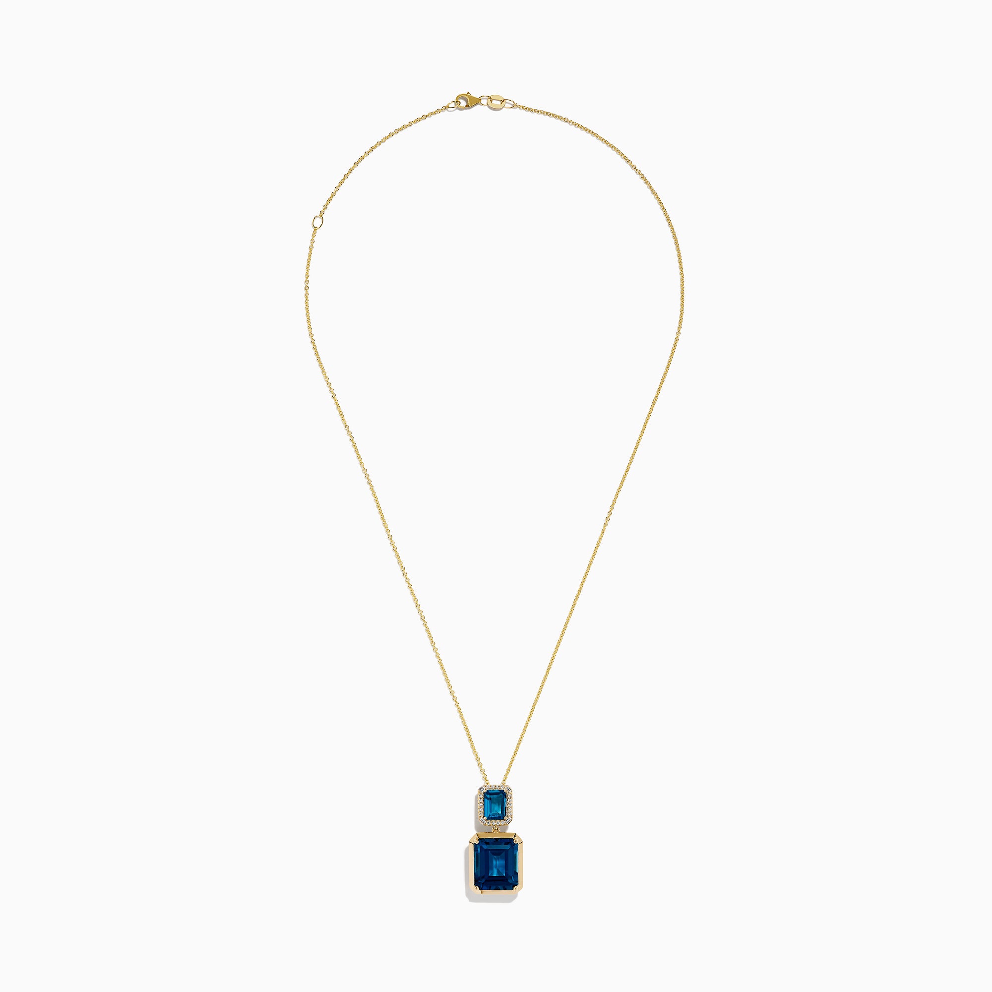 The 14K Yellow Gold London Blue Topaz and Diamond Pendant features two rectangular topaz stones—one accented with diamonds—suspended vertically from a fine gold chain.