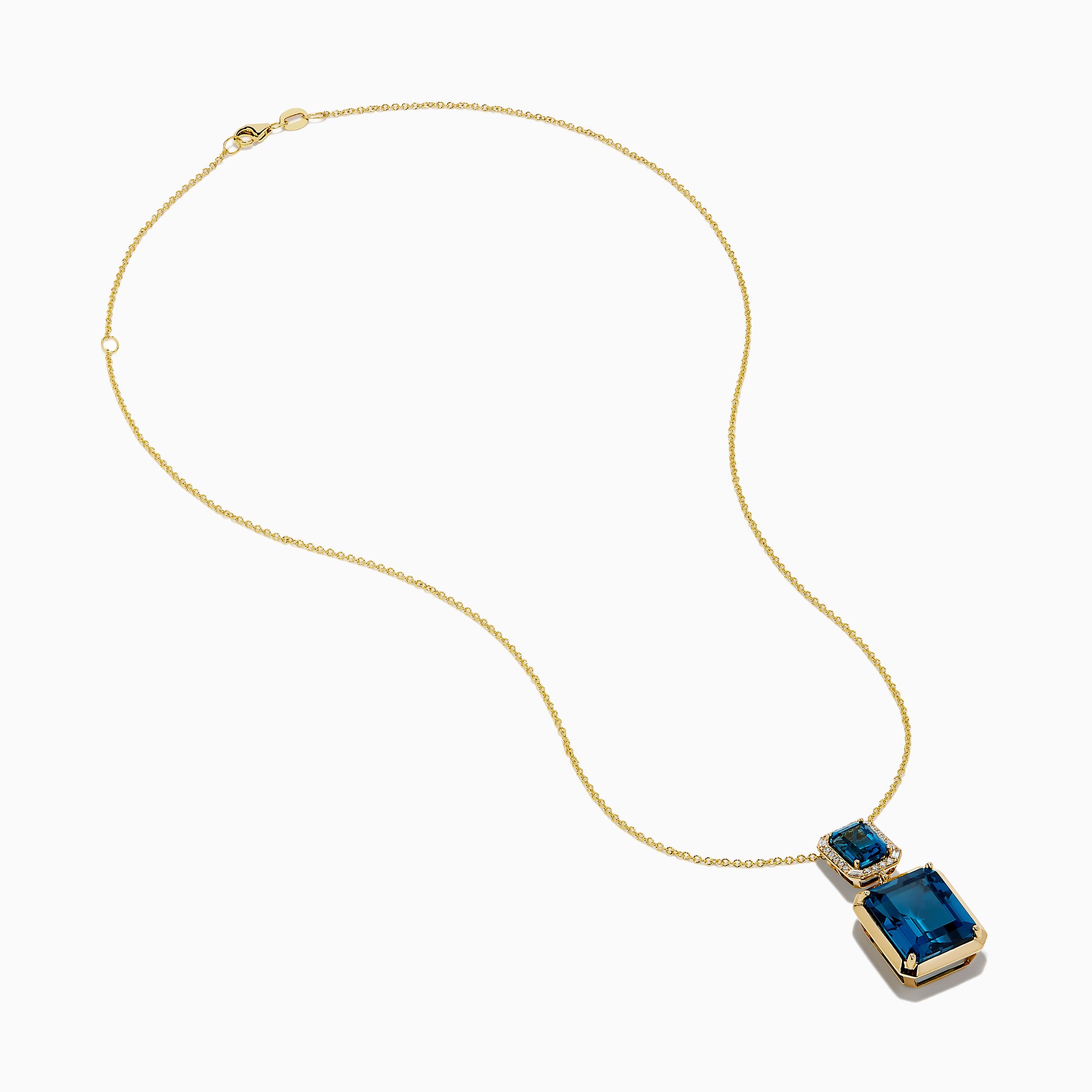 The 14K Yellow Gold London Blue Topaz and Diamond Pendant features two rectangular topaz stones—one accented with diamonds—suspended vertically from a fine gold chain.