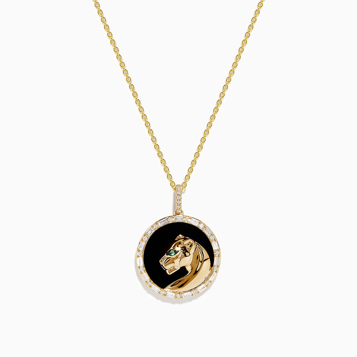 The Signature 14K Yellow Gold Onyx Emerald and Diamond Panther Pendant features a round onyx background, a detailed gold panther with an emerald green gemstone eye, and is surrounded by sparkling diamonds.
