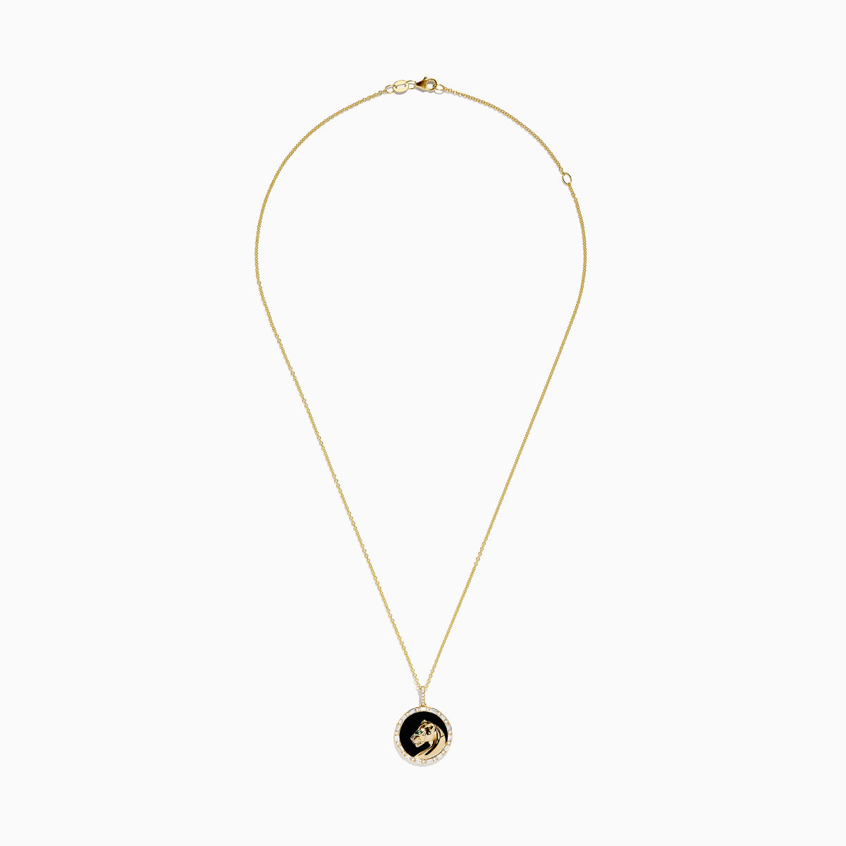 The Signature 14K Yellow Gold Onyx Emerald and Diamond Panther Pendant features a round onyx background, a detailed gold panther with an emerald green gemstone eye, and is surrounded by sparkling diamonds.