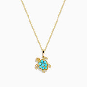 Seaside 14K Yellow Gold Turquoise and Diamond Turtle Pendant showcased on a white background, featuring a turtle-shaped pendant with turquoise stones and diamond accents for added elegance.