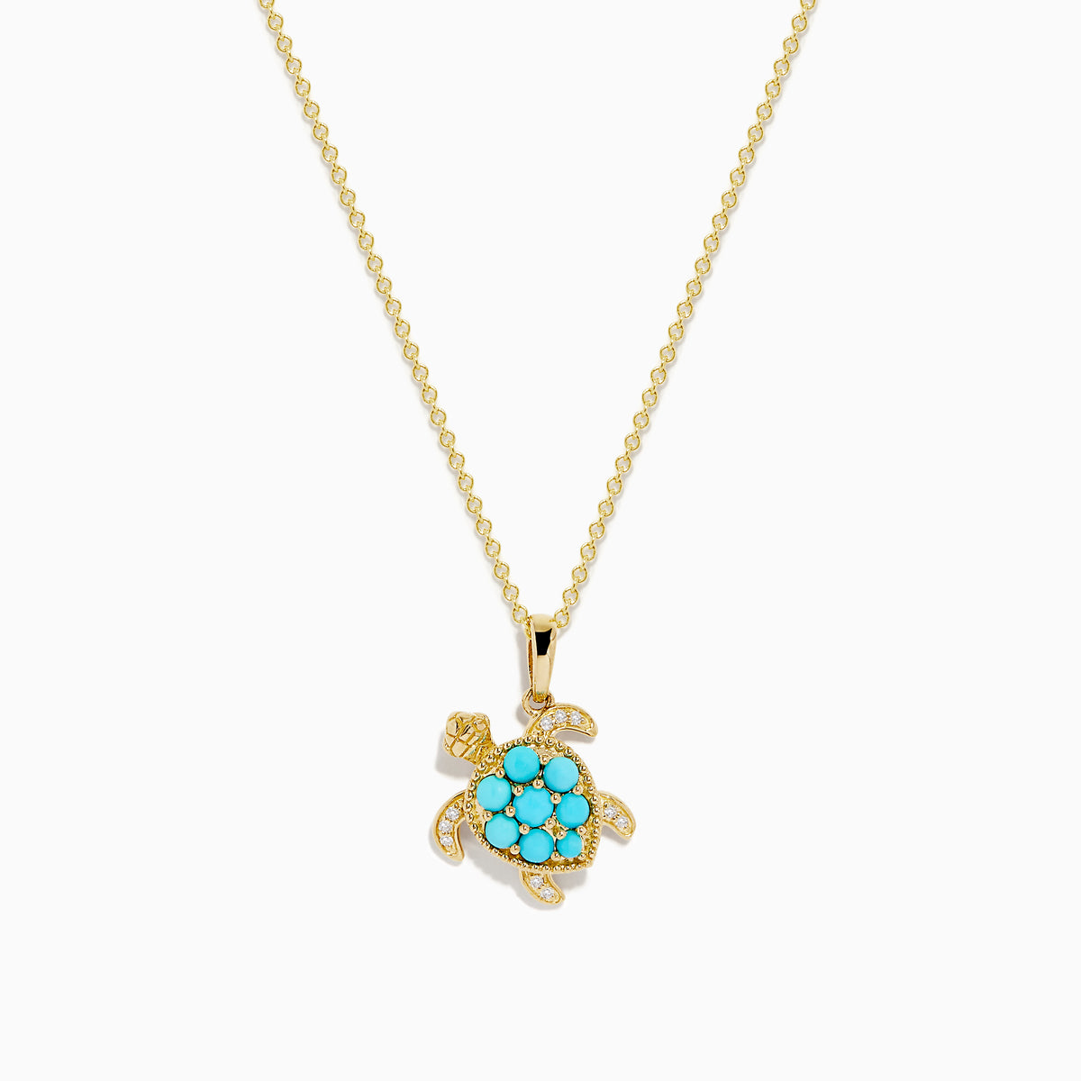 Seaside 14K Yellow Gold Turquoise and Diamond Turtle Pendant showcased on a white background, featuring a turtle-shaped pendant with turquoise stones and diamond accents for added elegance.