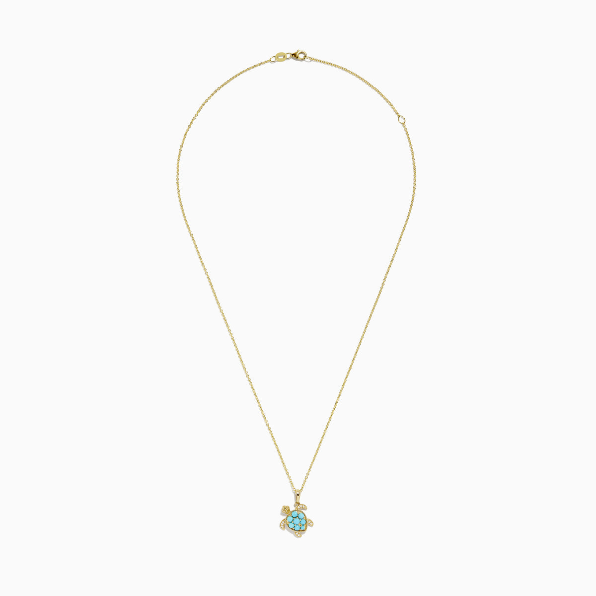 Seaside 14K Yellow Gold Turquoise and Diamond Turtle Pendant showcased on a white background, featuring a turtle-shaped pendant with turquoise stones and diamond accents for added elegance.