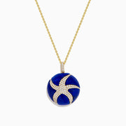 The Seaside 14K Yellow Gold Lapis and Diamond Starfish Pendant features a round lapis stone and a diamond-encrusted starfish design on a yellow gold chain.