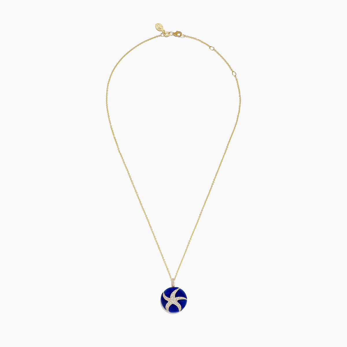 The Seaside 14K Yellow Gold Lapis and Diamond Starfish Pendant features a round lapis stone and a diamond-encrusted starfish design on a yellow gold chain.
