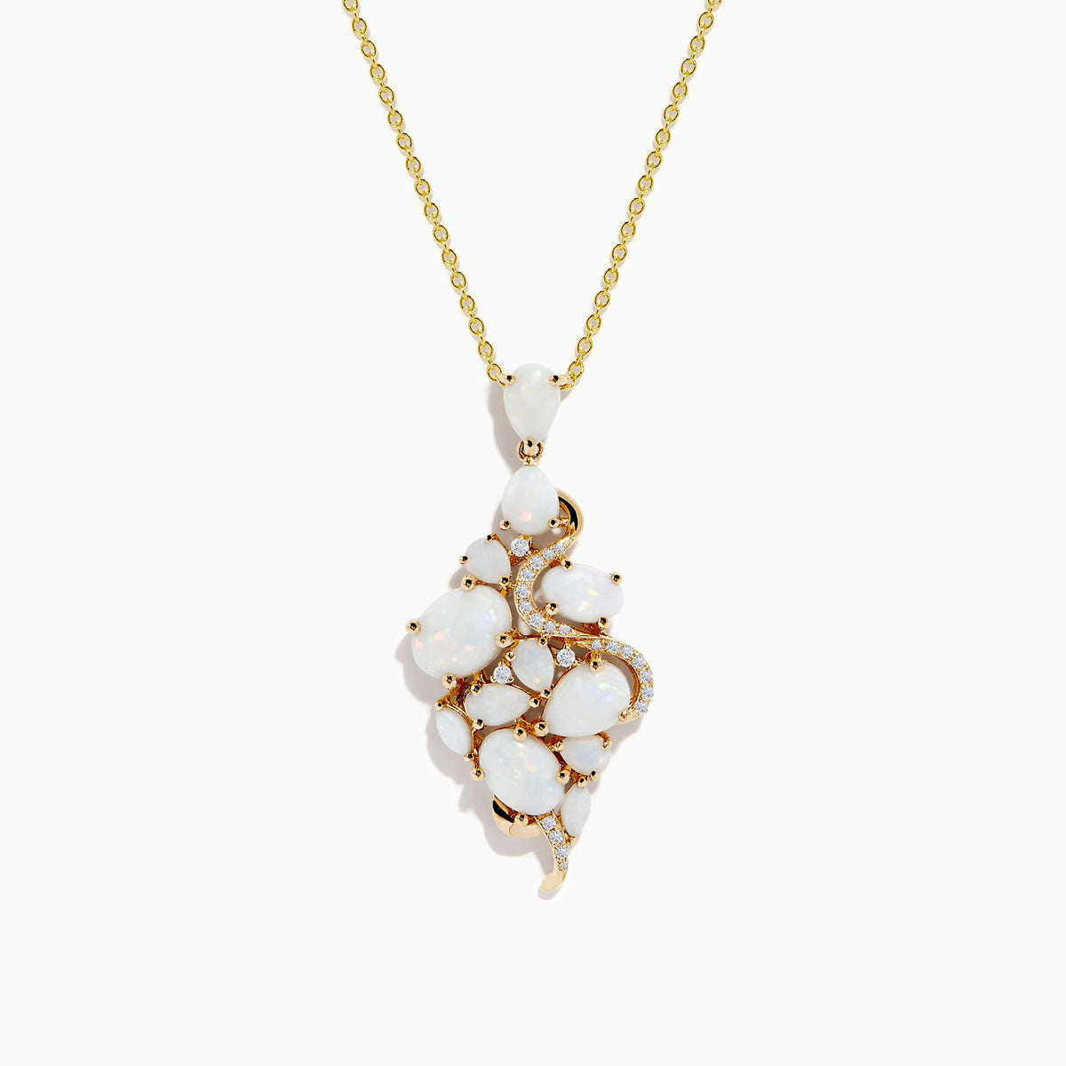 The Aurora 14K Yellow Gold Opal and Diamond Pendant features clustered white opal stones and small diamonds set in gold, creating an organic, elegant design on a yellow gold chain necklace.
