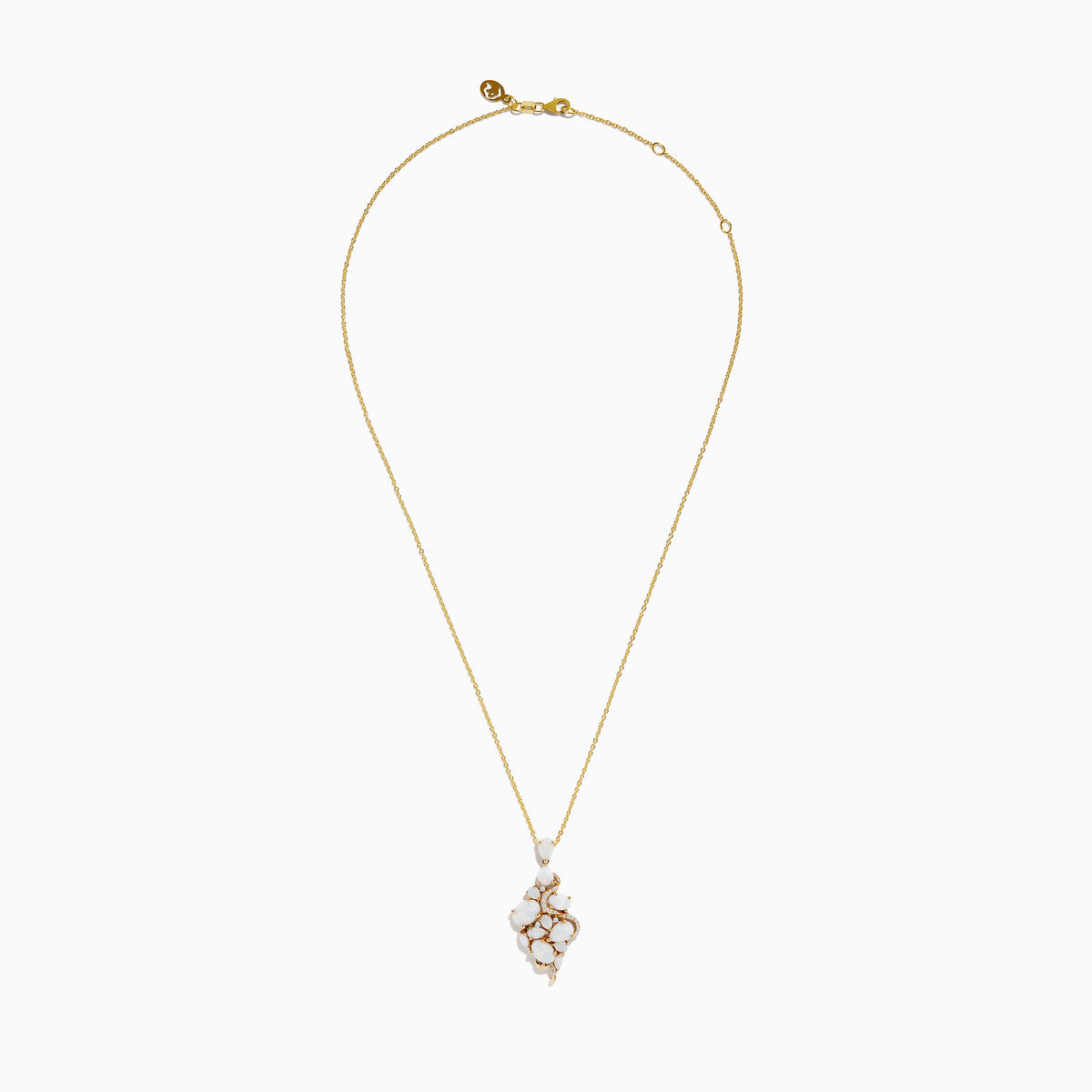 The Aurora 14K Yellow Gold Opal and Diamond Pendant features clustered white opal stones and small diamonds set in gold, creating an organic, elegant design on a yellow gold chain necklace.