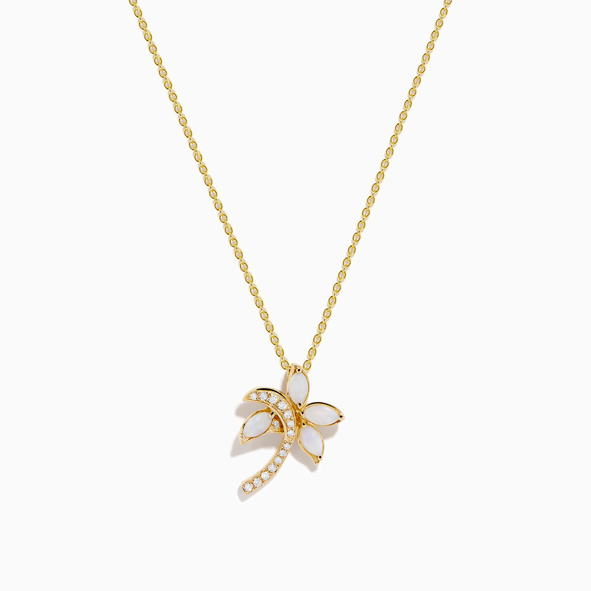 The Nature 14K Yellow Gold Opal and Diamond Palm Tree Pendant features a delicate yellow gold chain, opal-accented leaves, and sparkling diamonds on the trunk, shown against a white background.