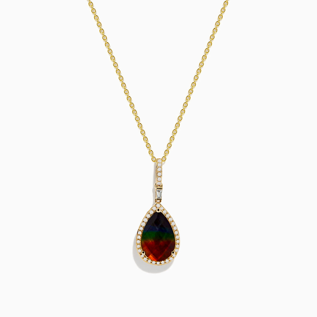 The 14K Yellow Gold Ammolite and Diamond Pendant features a pear-shaped Ammolite accented with small diamonds, set in yellow gold.