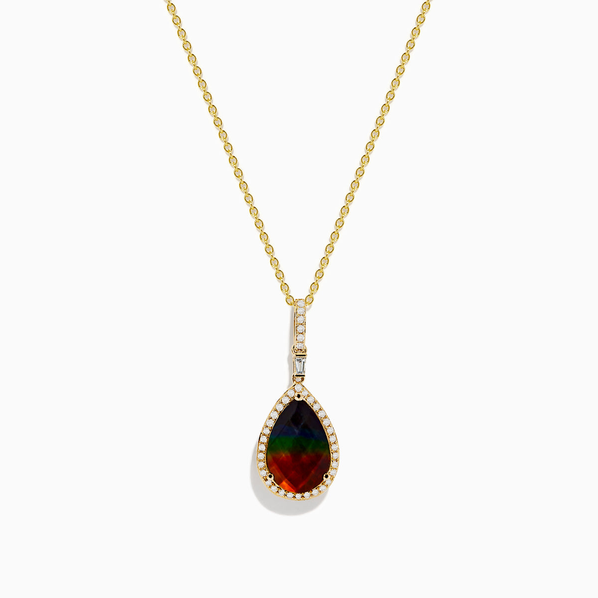 The 14K Yellow Gold Ammolite and Diamond Pendant features a pear-shaped Ammolite accented with small diamonds, set in yellow gold.