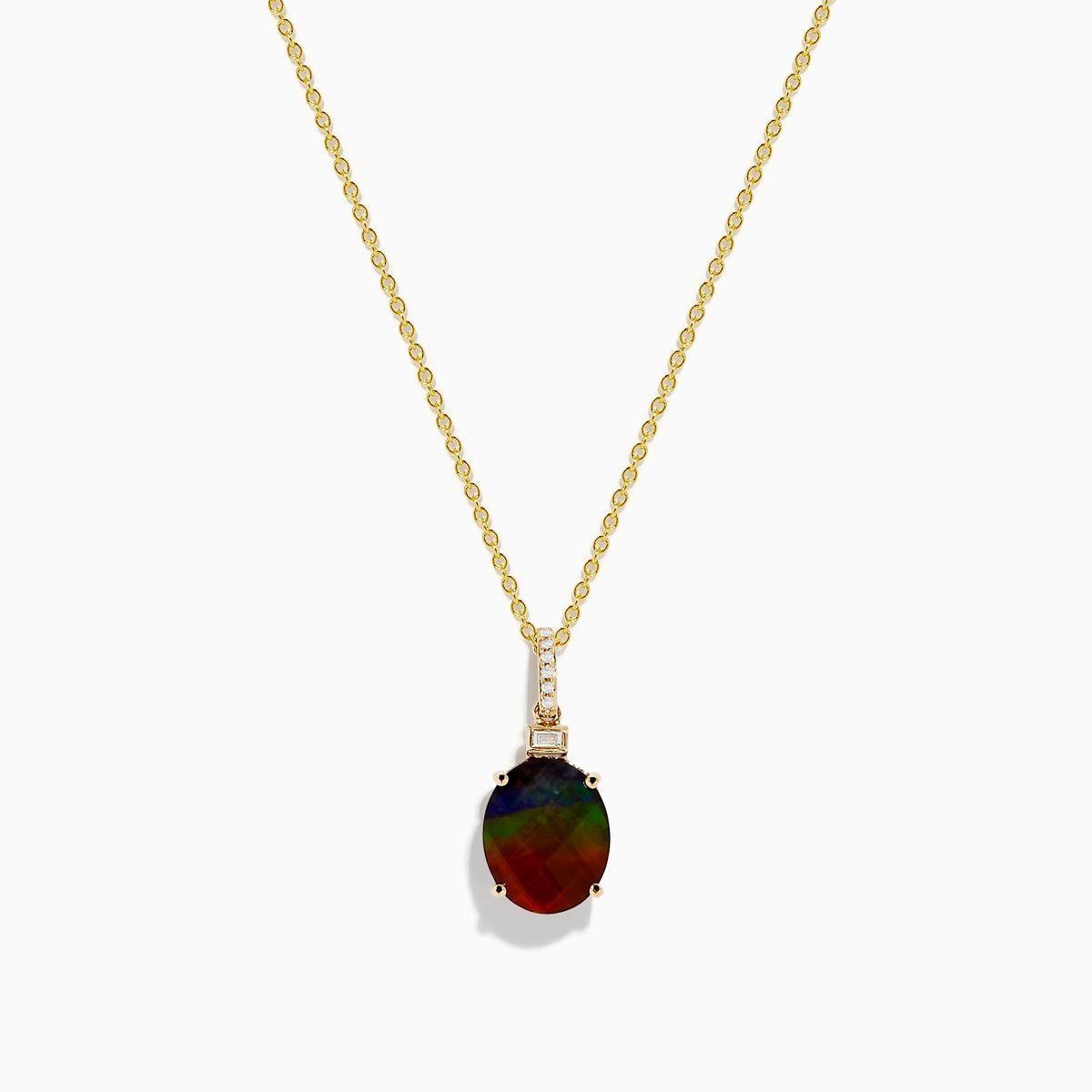 The 14K Yellow Gold Ammolite and Diamond Pendant features a faceted oval ammolite in dark iridescent hues, accented by rectangular diamonds above the gem. Shown on a white background.