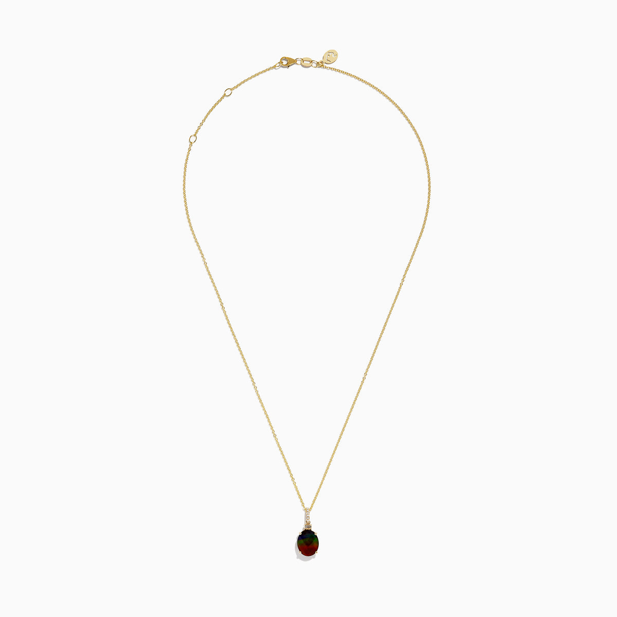The 14K Yellow Gold Ammolite and Diamond Pendant features a faceted oval ammolite in dark iridescent hues, accented by rectangular diamonds above the gem. Shown on a white background.