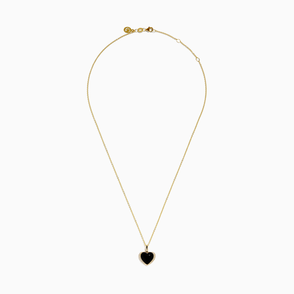 The 14K Yellow Gold Onyx and Diamond Heart Pendant features a glossy black onyx center surrounded by sparkling diamonds, all set on a yellow gold chain necklace.