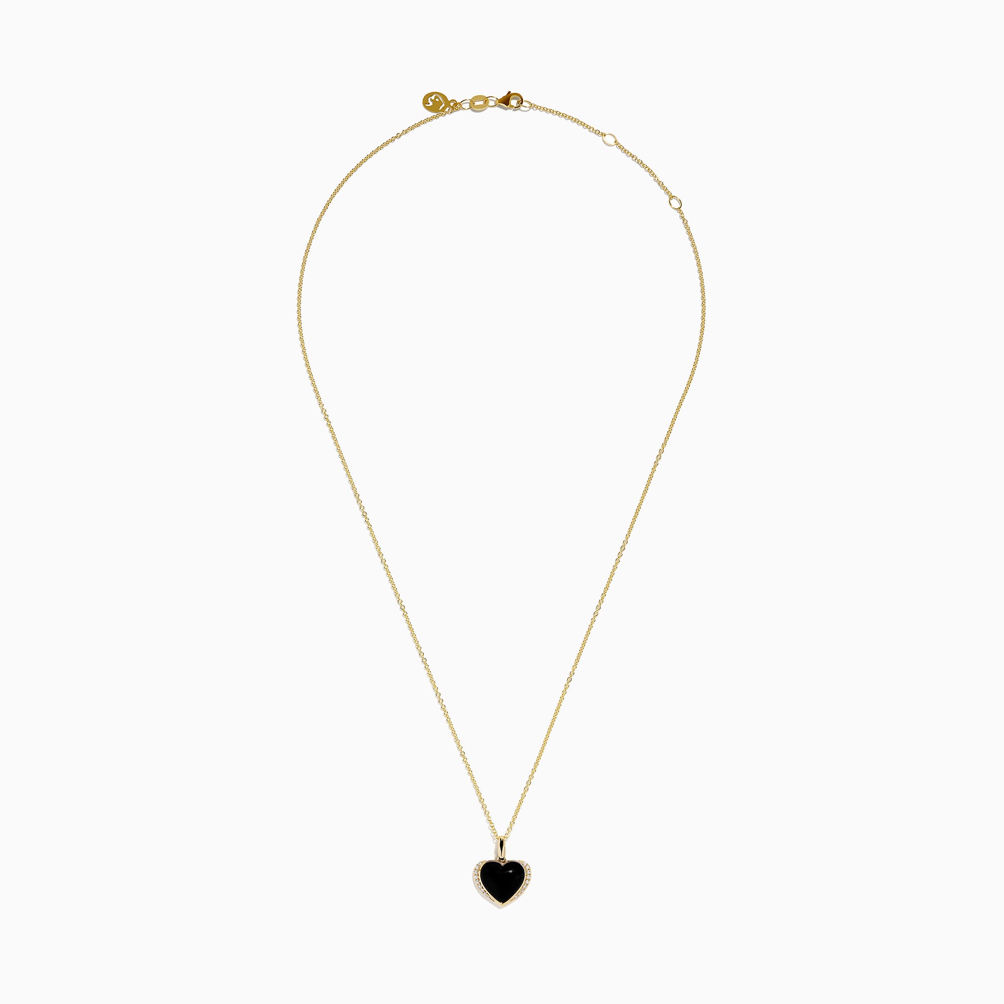 The 14K Yellow Gold Onyx and Diamond Heart Pendant features a glossy black onyx center surrounded by sparkling diamonds, all set on a yellow gold chain necklace.