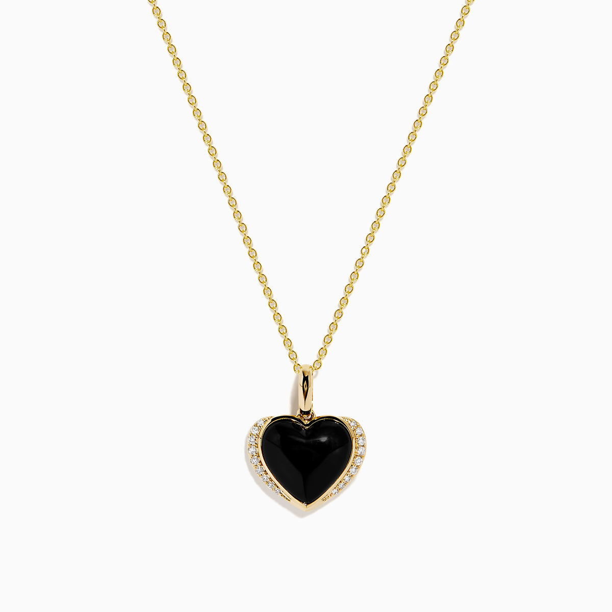 The 14K Yellow Gold Onyx and Diamond Heart Pendant features a glossy black onyx center surrounded by sparkling diamonds, all set on a yellow gold chain necklace.