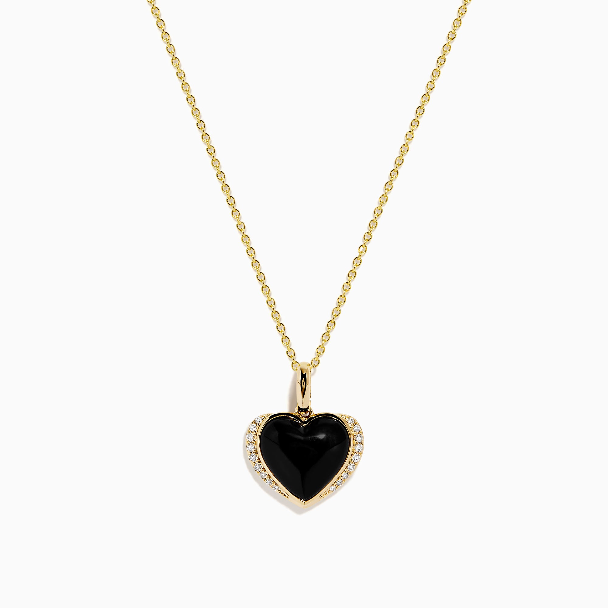 The 14K Yellow Gold Onyx and Diamond Heart Pendant features a glossy black onyx center surrounded by sparkling diamonds, all set on a yellow gold chain necklace.
