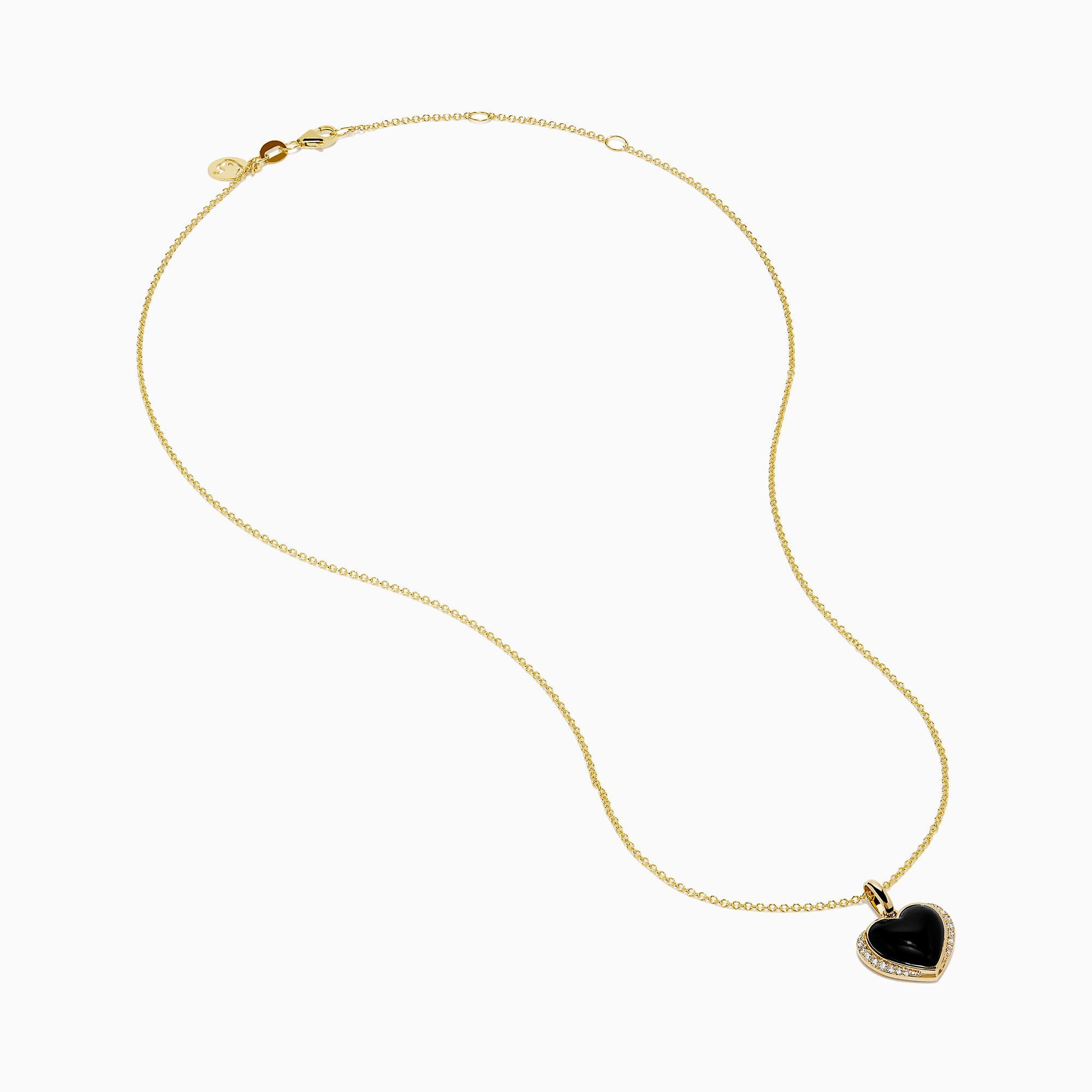 The 14K Yellow Gold Onyx and Diamond Heart Pendant features a glossy black onyx center surrounded by sparkling diamonds, all set on a yellow gold chain necklace.